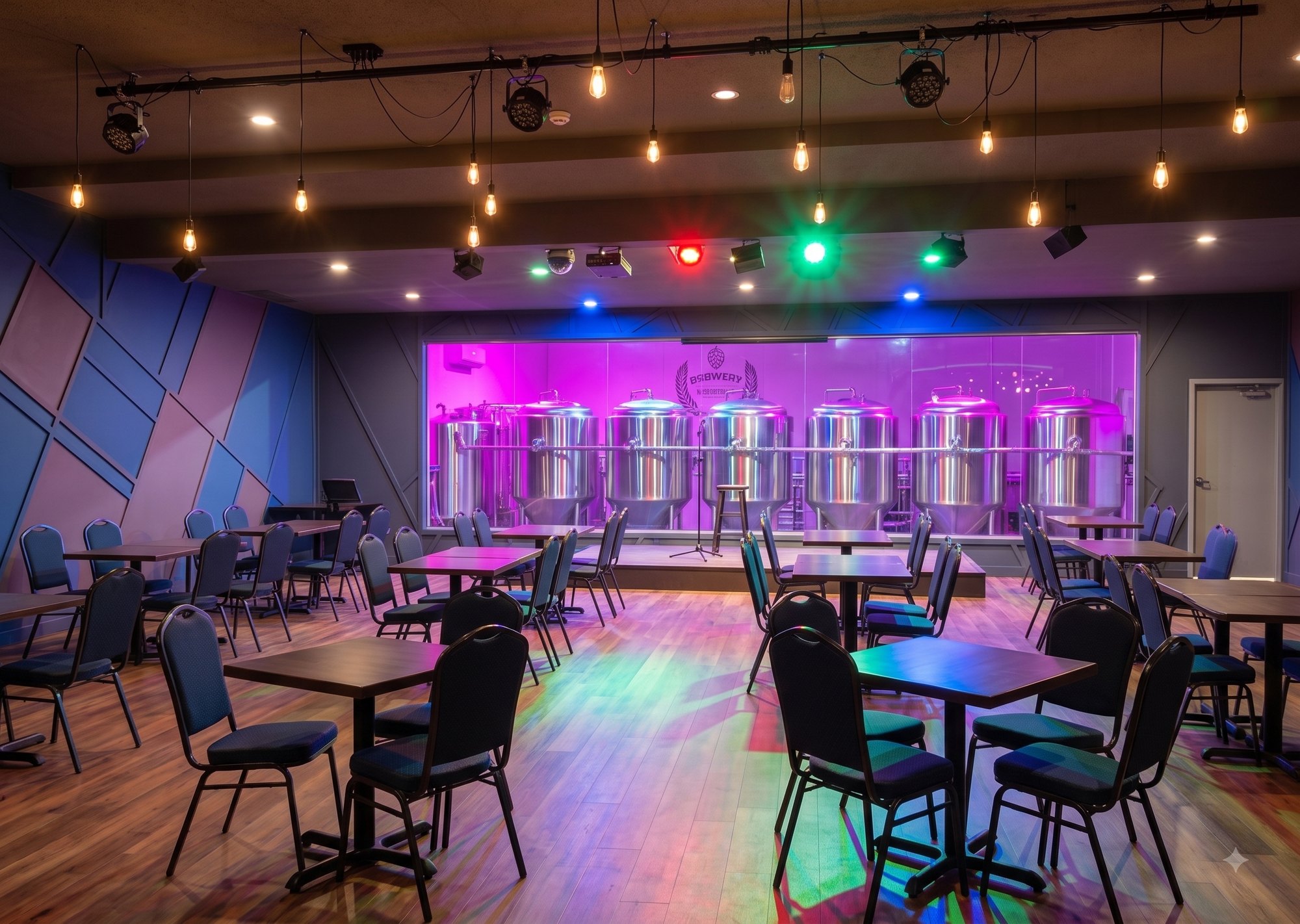 La salle de spectacle de la microbrasserie, tables dressées devant les cuves